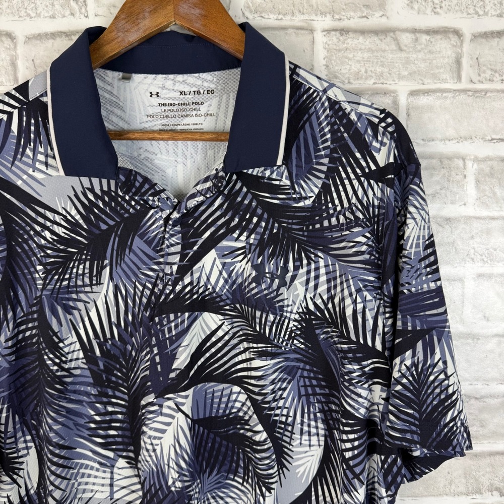 Under Armour Mens Iso-Chill Polo Shirt XL Tropical Palm Print Navy Blue Golf Tee